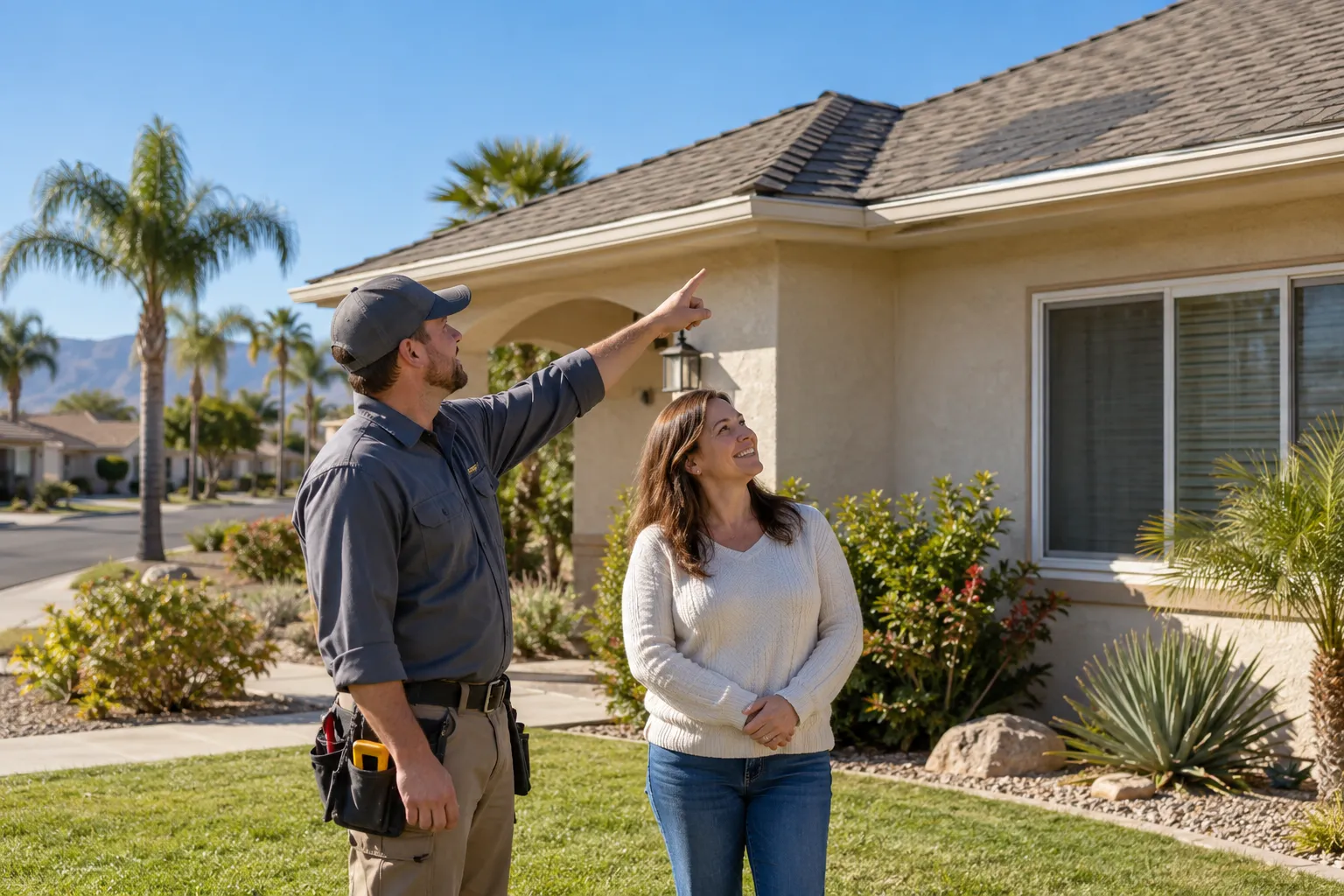 Local roofing provider and a homeowner looking at a stucco ranch home roof in Whittier